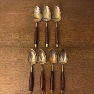 Thai Brass Wood Flatware Soup & Table Spoons Thailand - Set Of 7